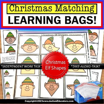 Preview of Christmas Elf Shapes Match Learning Bag for Special Education and Math Skills