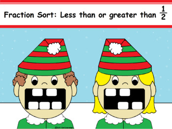 Preview of Christmas Elves Fraction Digital Sort: Greater Than or Less Than Half