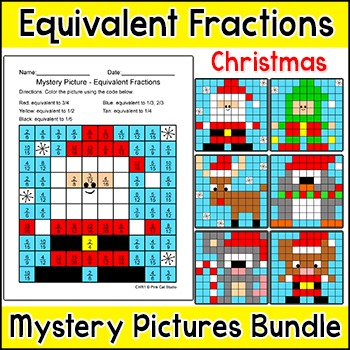 Preview of Equivalent Fractions Worksheets: Christmas Math Color by Number Mystery Pictures