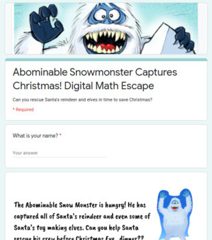 Preview of Christmas Escape Room: Math 3rd or 4th Grade Abominable Snow Monster theme