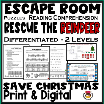Preview of Christmas Escape Room: Print & Digital: Reading Comprehension, Puzzles