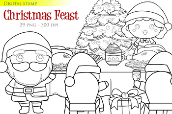 Preview of Christmas Feast Santa Family Dinner Party - Black White Outline - Digital Stamp