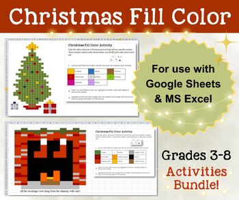 Preview of Christmas Fill Color Activities Bundle for GOOGLE Sheets and MS Excel—Grades 3-8