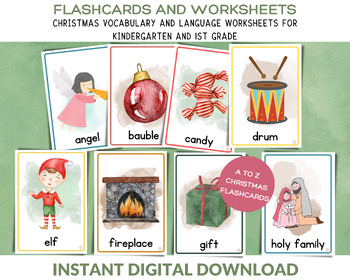 Preview of Christmas Flashcards and Worksheets Bundle; Home School; ESL Vocabulary
