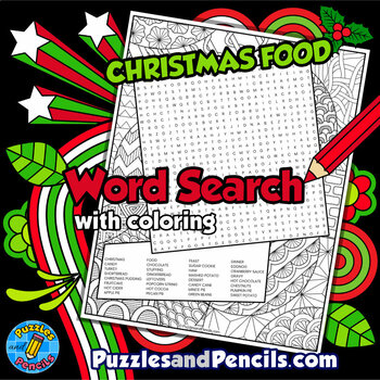 Preview of Christmas Food Word Search Puzzle Activity Page with Coloring | Holidays