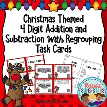Preview of Christmas Four Digit Addition and Subtraction with Regrouping Task Cards