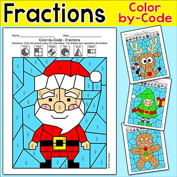 Preview of Fractions Coloring Pages Christmas Math Activity - Santa, Gingerbread Man, Elf