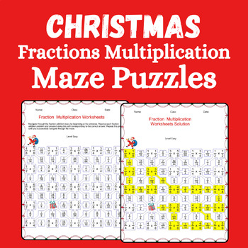 Preview of Christmas Fractions Multiplication Maze Math Activities, Winter Worksheets