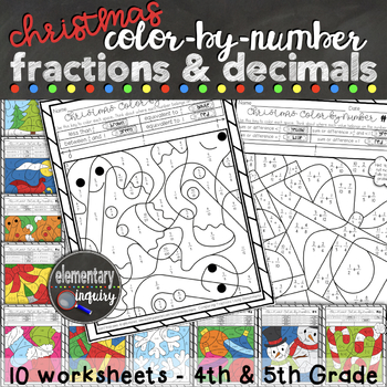 Preview of Christmas Fractions and Decimals Math Activity Color by Number Worksheets