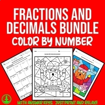 Preview of Christmas Math Color by Number - Fractions and Decimals Worksheet Bundle