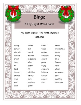 Preview of Christmas Fry Words 801-850 Bingo Game