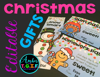 Preview of Christmas Gifts - Homework Pass, Bookmark, Gum Pass Editable