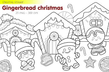 Preview of Christmas Gingerbread Biscuit House Candy - Black White Outline - Digital Stamp