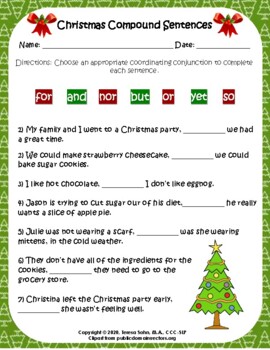 Christmas Grammar Freebie Compound Sentences By The Speech Spot Creations