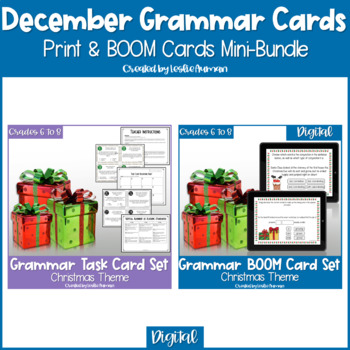 Preview of Christmas Grammar Print Task Cards and BOOM Cards BUNDLE