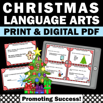 Preview of Christmas Grammar ELA Stations Literacy Centers SCOOT Task Cards Activities ESL