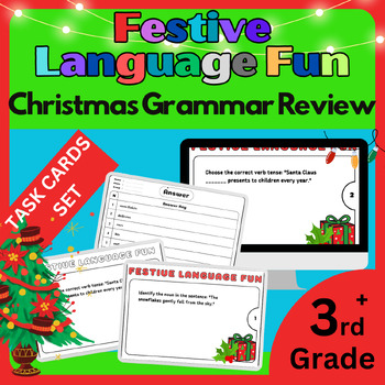 Preview of Christmas Grammar Review: Festive Language Fun 70 Task Cards