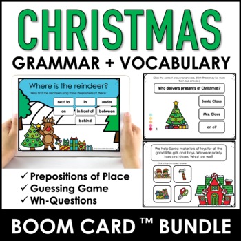 Preview of Christmas Grammar & Vocabulary  Boom Card Bundle | Prepositions, Wh questions