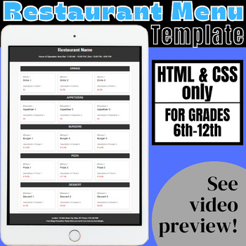 Preview of HTML CSS Restaurant Menu Template, HTML CSS Activity/Project