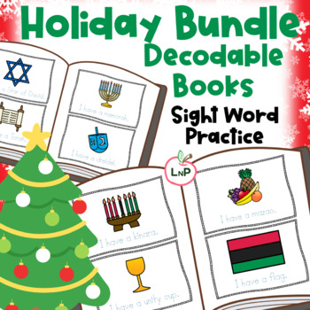 Preview of Christmas, Hanukkah, Kwanzaa Printable Decodable Book Bundle with Sight Words