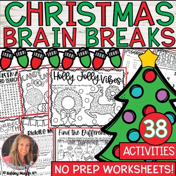 Preview of Christmas Holiday Brain Break Activities and NO PREP Worksheets for December