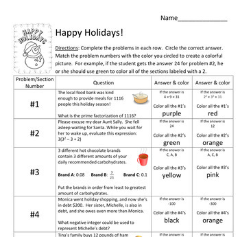 6th grade christmas holiday color by number math by