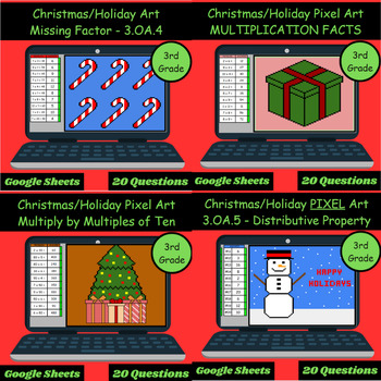 Preview of Christmas/Holiday PIXEL ART BUNDLE 3rd Grade Multiplication Self Grading