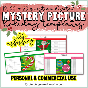 Preview of Christmas Holiday Self Assessing Mystery Picture Templates Google Sheets Digital