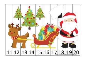 Preview of Christmas Holiday themed Number Sequence Puzzle 11-20 preschool activity.