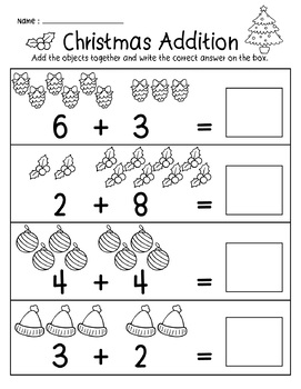 Christmas Kindergarten Addition to 10 Math Number Printables Worksheets