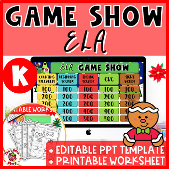 Preview of Christmas Kindergarten ELA Game Show - PowerPoint Game + Printable Worksheet