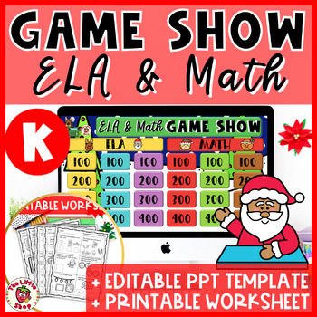 Preview of Christmas Kindergarten Math ELA Game Show - PPT Game+ Printable Worksheet
