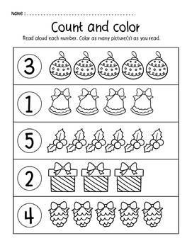 Christmas Kindergarten Numbers to 5 Count and Color Worksheets | TPT