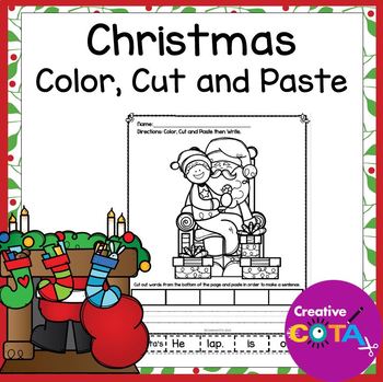 Preview of Christmas Kindergarten Writing Coloring Pages Cut & Paste Sentence Worksheets