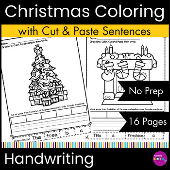 Preview of Christmas Kindergarten Writing Coloring Pages Cut & Paste Sentence Worksheets