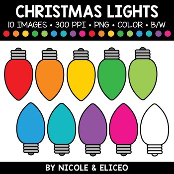 Preview of Christmas Light Bulb Clipart + FREE Blacklines - Commercial Use