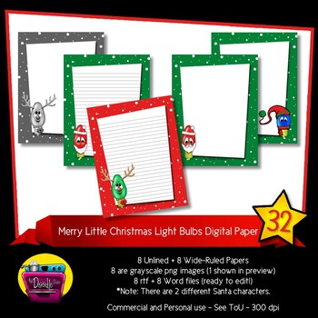 Preview of Christmas Light Bulb Digital Paper - Rudolph and Santa Lined and Unlined