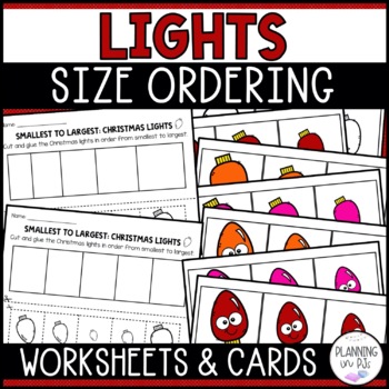 Preview of Christmas Lights Size Ordering | Order by Size Math Centers | Cut and Glue