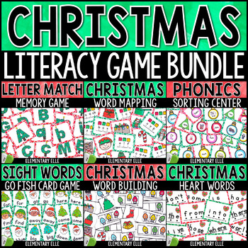 Preview of Christmas Literacy Game Bundle | Kindergarten Phonics Center Task Cards