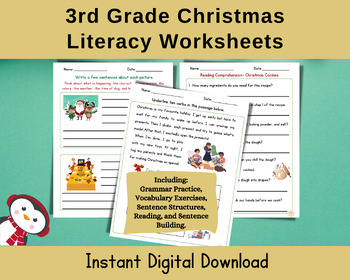 Preview of Christmas Literacy Pack for 3rd Grade, Reading, Writing, Spelling & Grammar