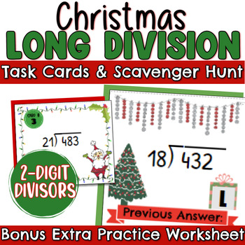 Preview of Christmas Long Division Task Cards Scavenger Hunt Activities 2 digit divisor