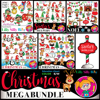 Preview of Christmas MEGA BUNDLE of Joy Clipart. BLACK/ WHITE & Color. {Lilly Silly Billy}
