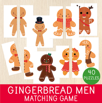 Preview of Christmas Matching Game, Gingerbread Man Puzzles, Xmas Activity, Symmetry