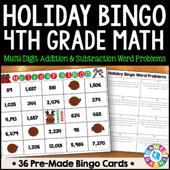 Preview of 4th Grade Christmas Math Bingo Game Review Word Problems Addition & Subtraction