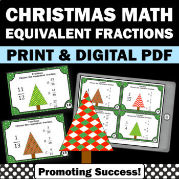 Preview of Christmas Equivalent Fractions 3rd Grade Math Review Stations Task Cards SCOOT