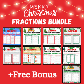 Preview of Christmas Math Activities - Master Fractions Bundle  No Prep + Free Bonus