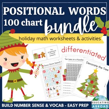 Preview of Christmas Math Activities | Positional Words Games & 100 Chart Worksheets Bundle