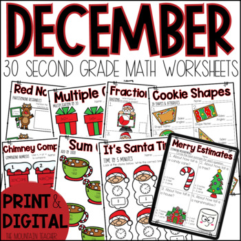 Preview of Christmas Math Worksheets - 30 No Prep 2nd Grade December Math Activities
