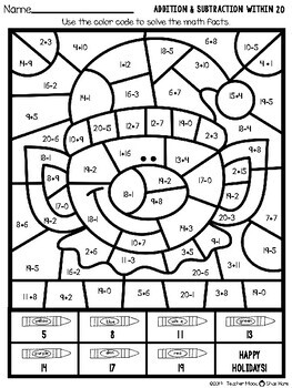 christmas math facts addition and subtraction color by number math