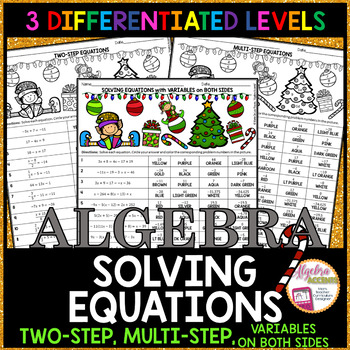 Preview of Christmas Math Algebra 1 Solving Equations 3 LEVELS Coloring Activity